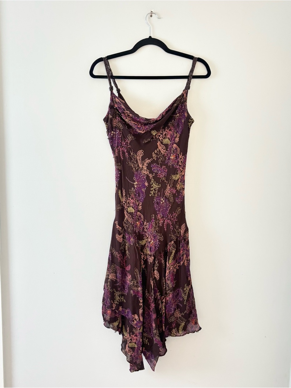 Eva Blue Vintage Y2K Embellished Floral Dress Asymmetrical Hem Beading